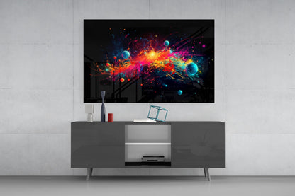 Neon Paint Burst With Planets Glass Wall Art