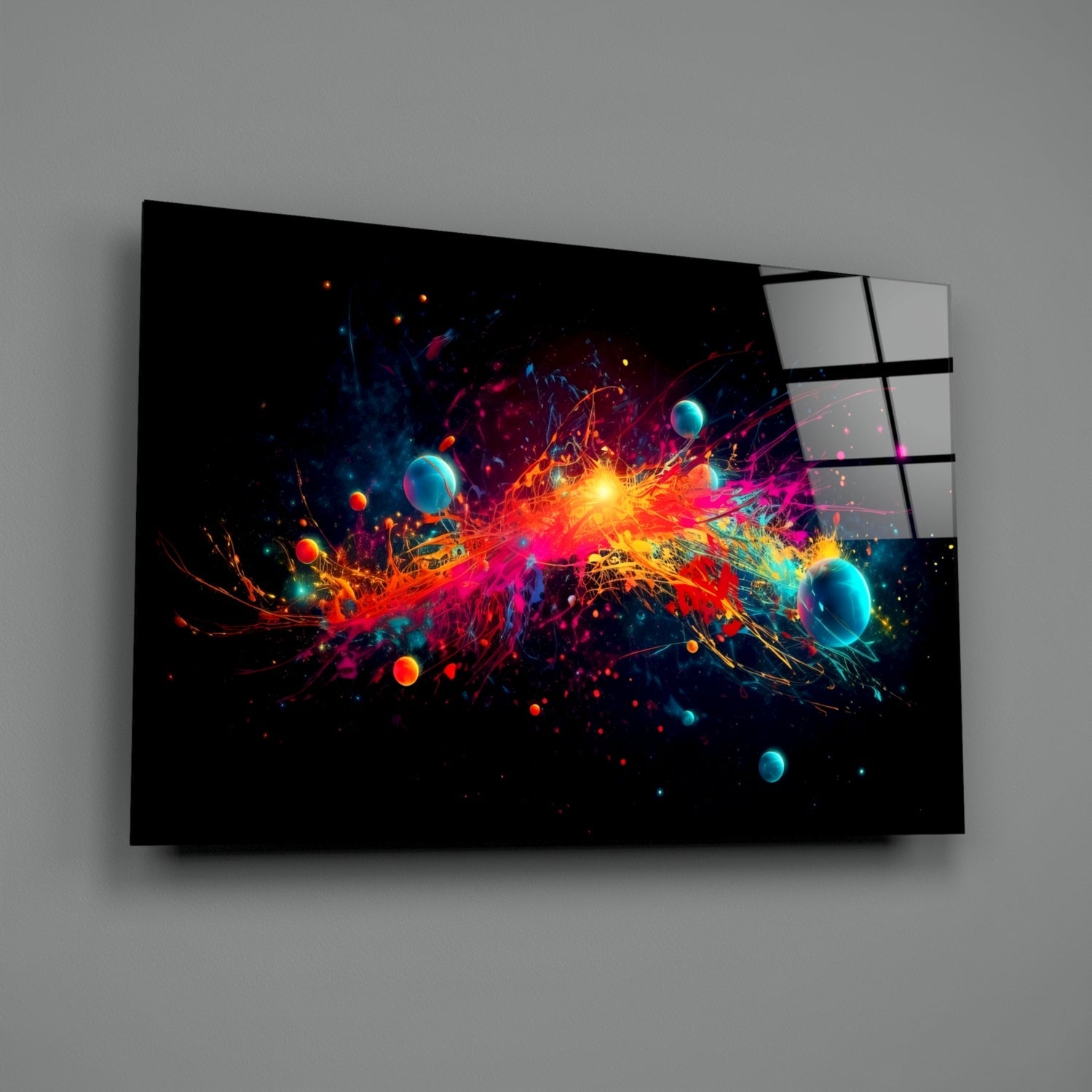 Neon Paint Burst With Planets Glass Wall Art