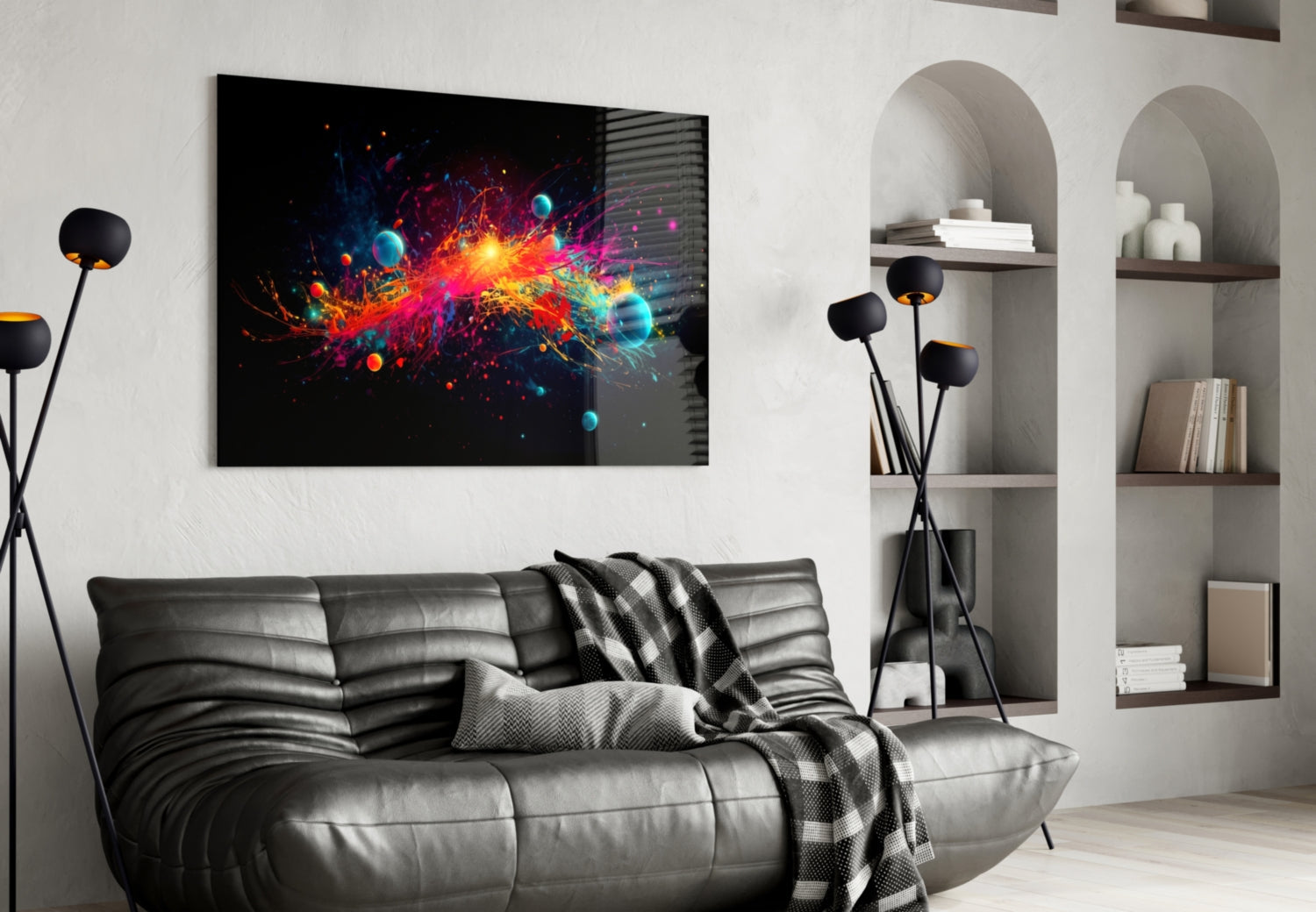 Neon Paint Burst With Planets Glass Wall Art