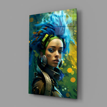 Blue Haired Cyber Warrior Green Glow Glass Wall Art