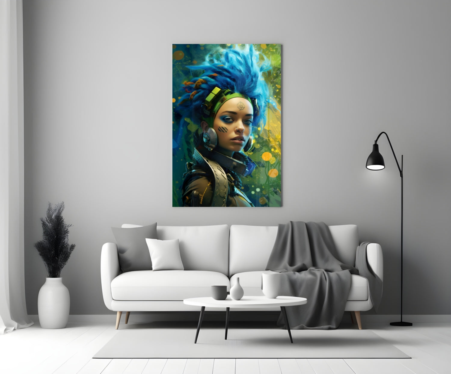 Blue Haired Cyber Warrior Green Glow Glass Wall Art