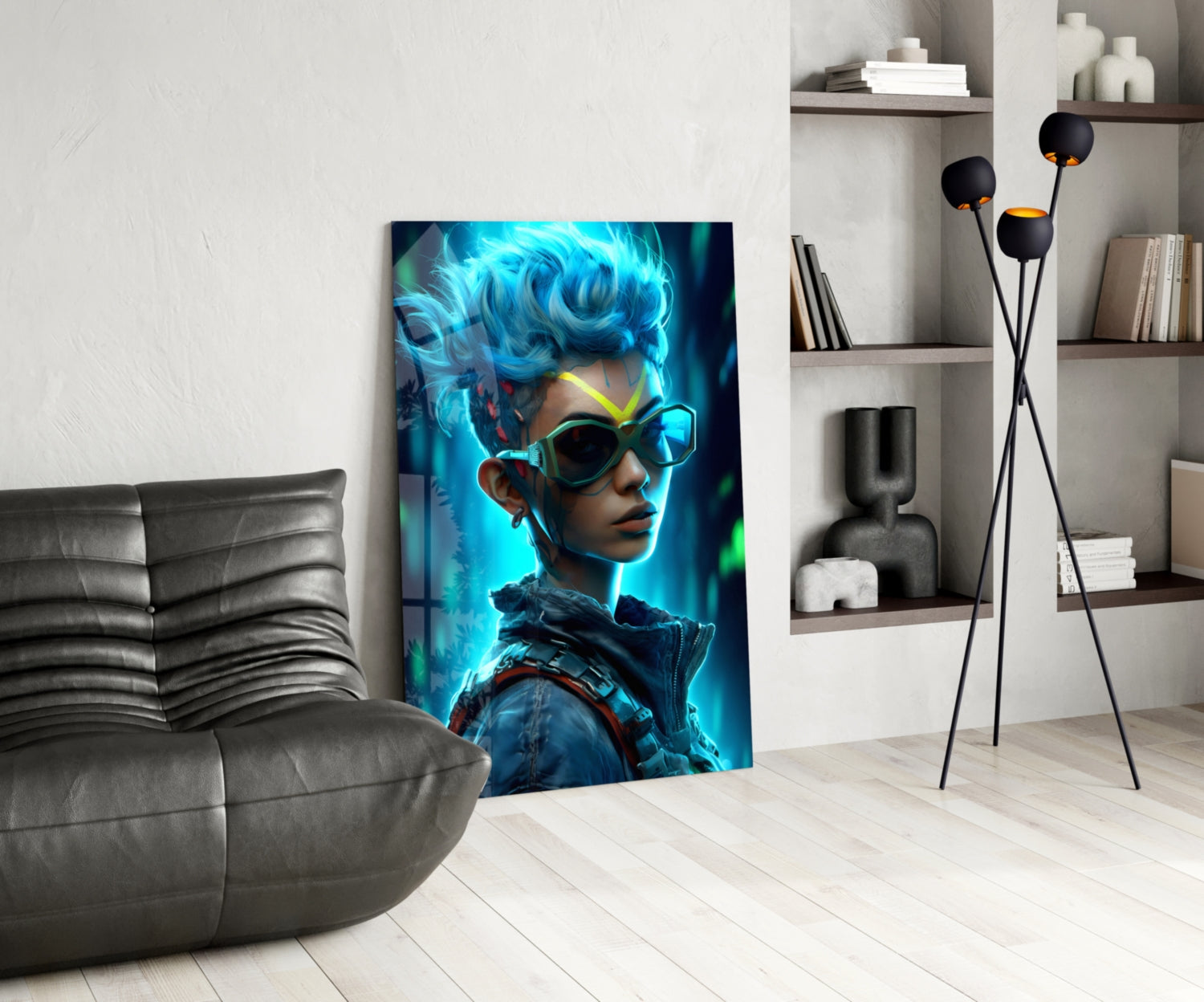 Blue Mohawk Cyber Girl Neon Visor Glass Wall Art
