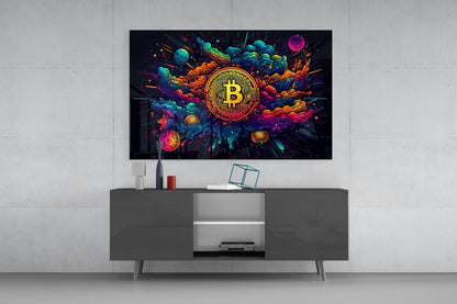 Cosmic Clouds Neon Bitcoin Blast Glass Wall Art