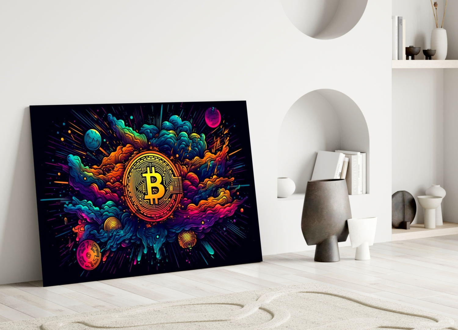 Cosmic Clouds Neon Bitcoin Blast Glass Wall Art