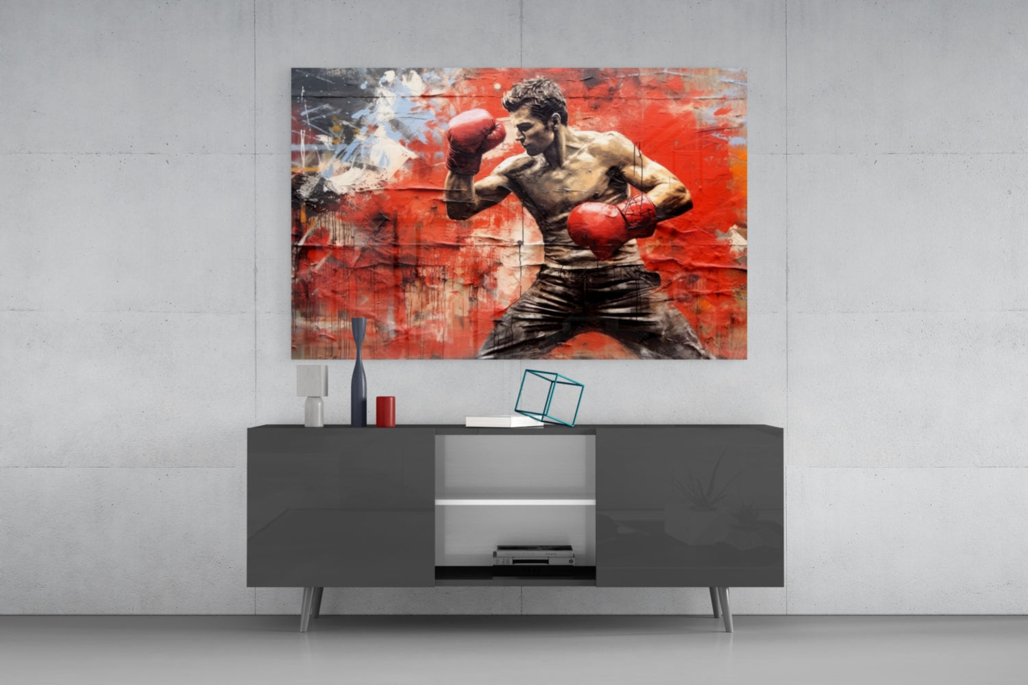Red Wall Crouching Boxer Glass Wall Art
