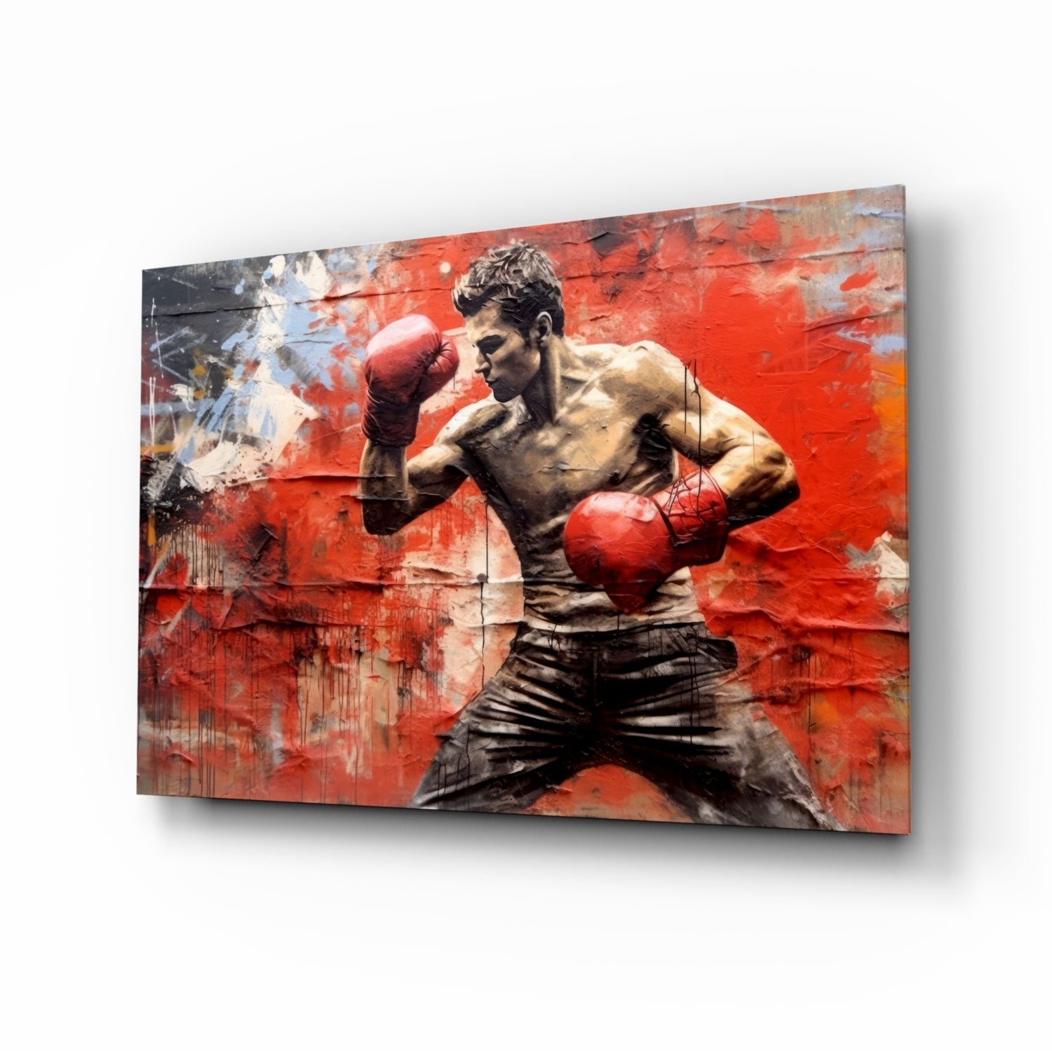 Red Wall Crouching Boxer Glass Wall Art