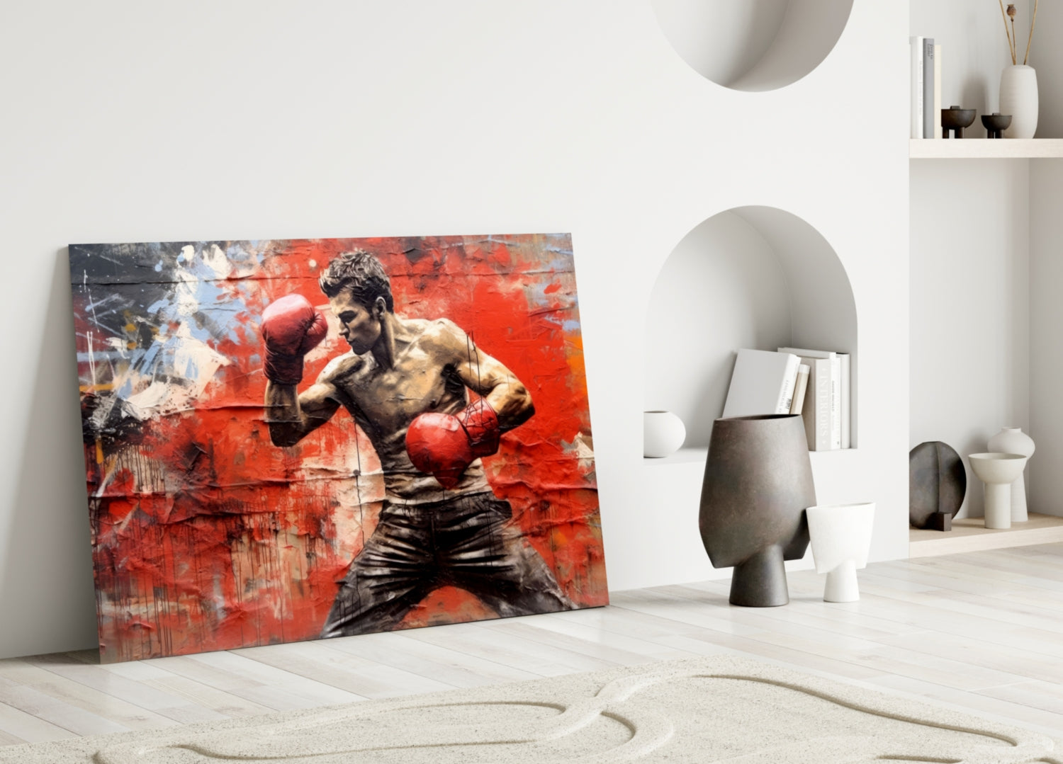 Red Wall Crouching Boxer Glass Wall Art