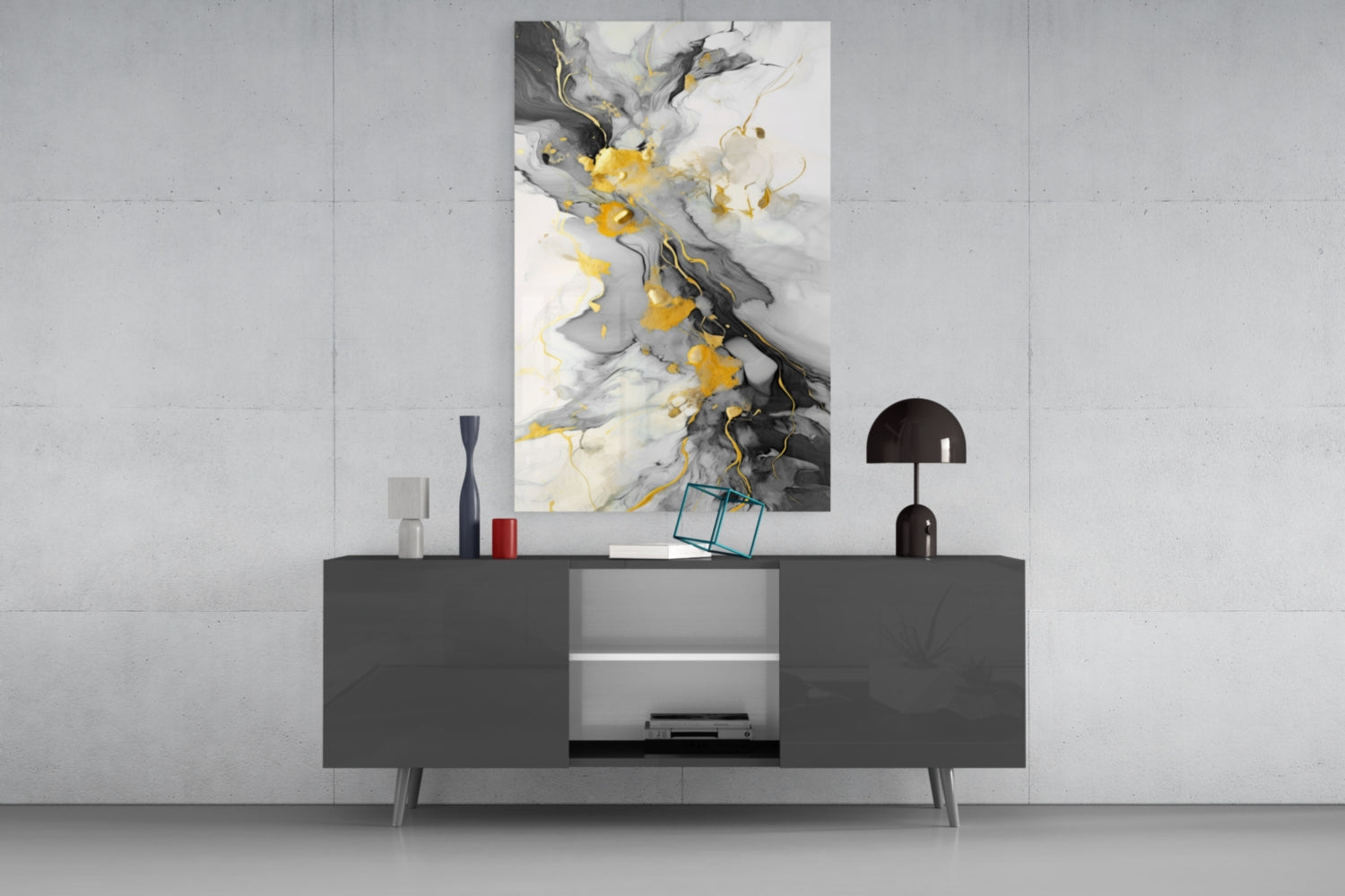 Gold Veined Charcoal Marble Swirl Glass Wall Art