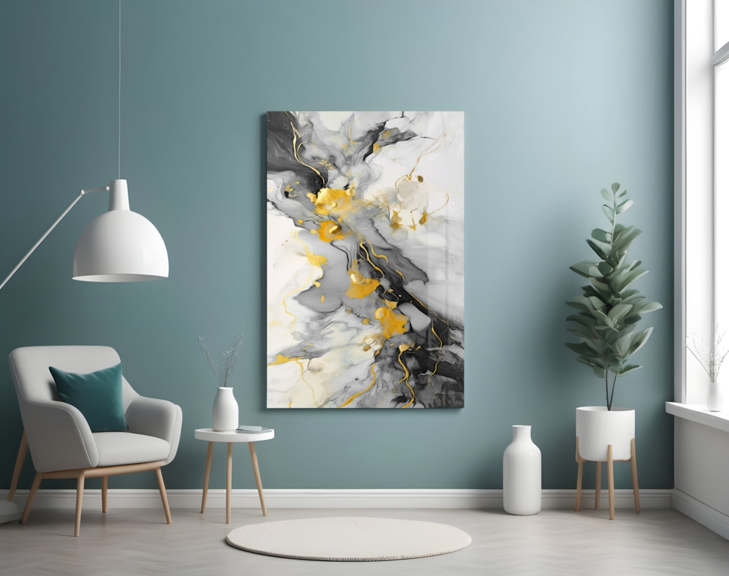 Gold Veined Charcoal Marble Swirl Glass Wall Art