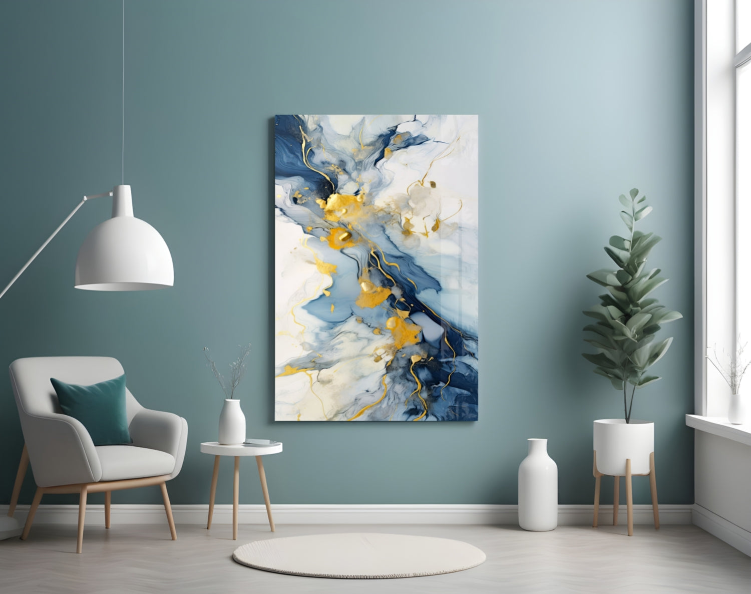 Gold Veined Indigo Marble Swirl Glass Wall Art