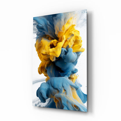 Blue And Yellow Ink Swirl Abstract Glass Wall Art