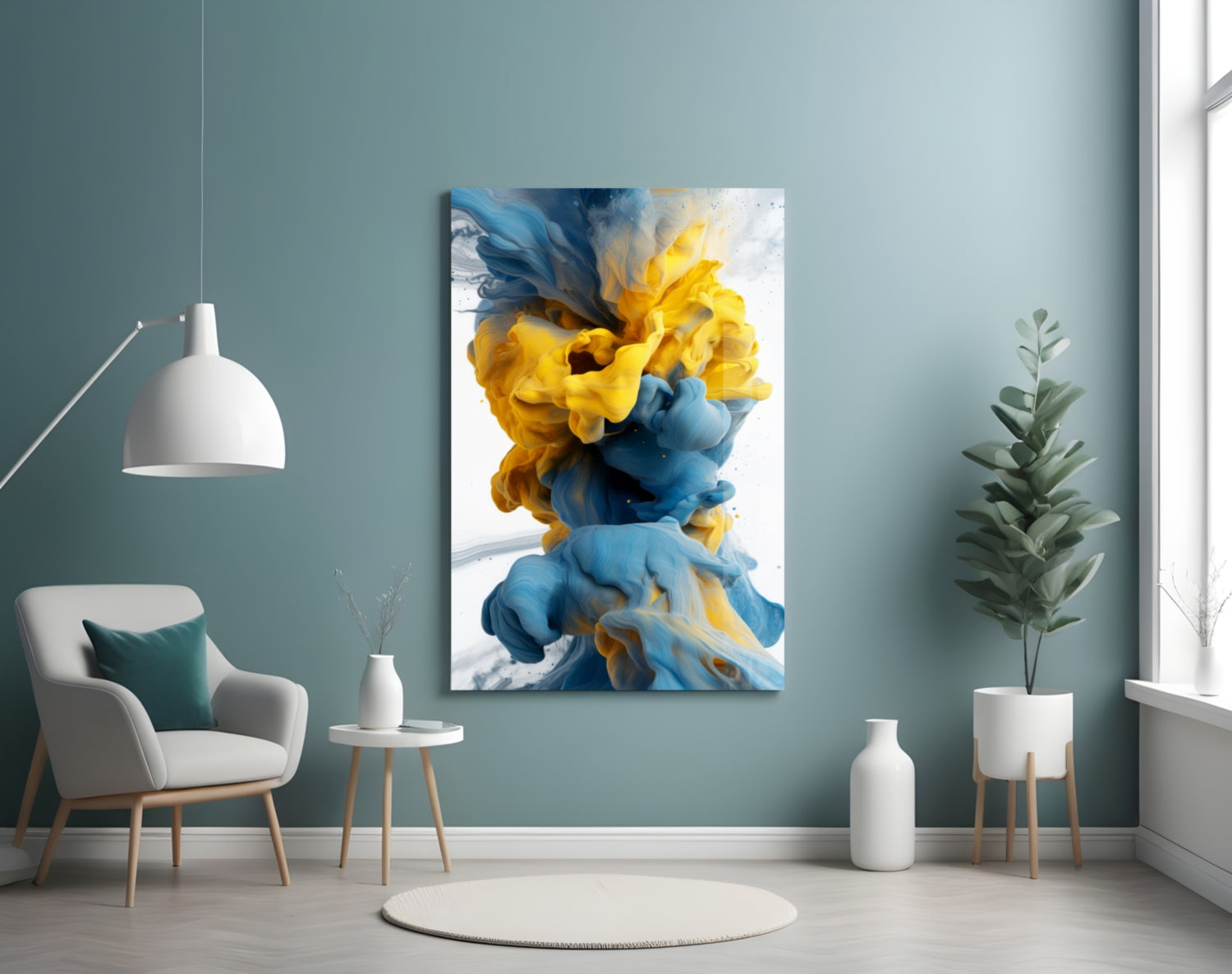Blue And Yellow Ink Swirl Abstract Glass Wall Art