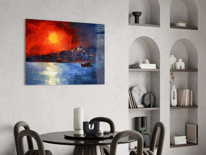 Crimson Sunset Istanbul Skyline Boats Glass Wall Art