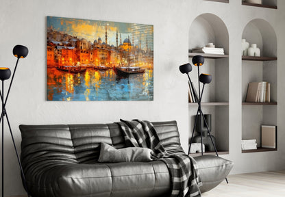 Golden Istanbul Harbor Sailboats Glass Wall Art