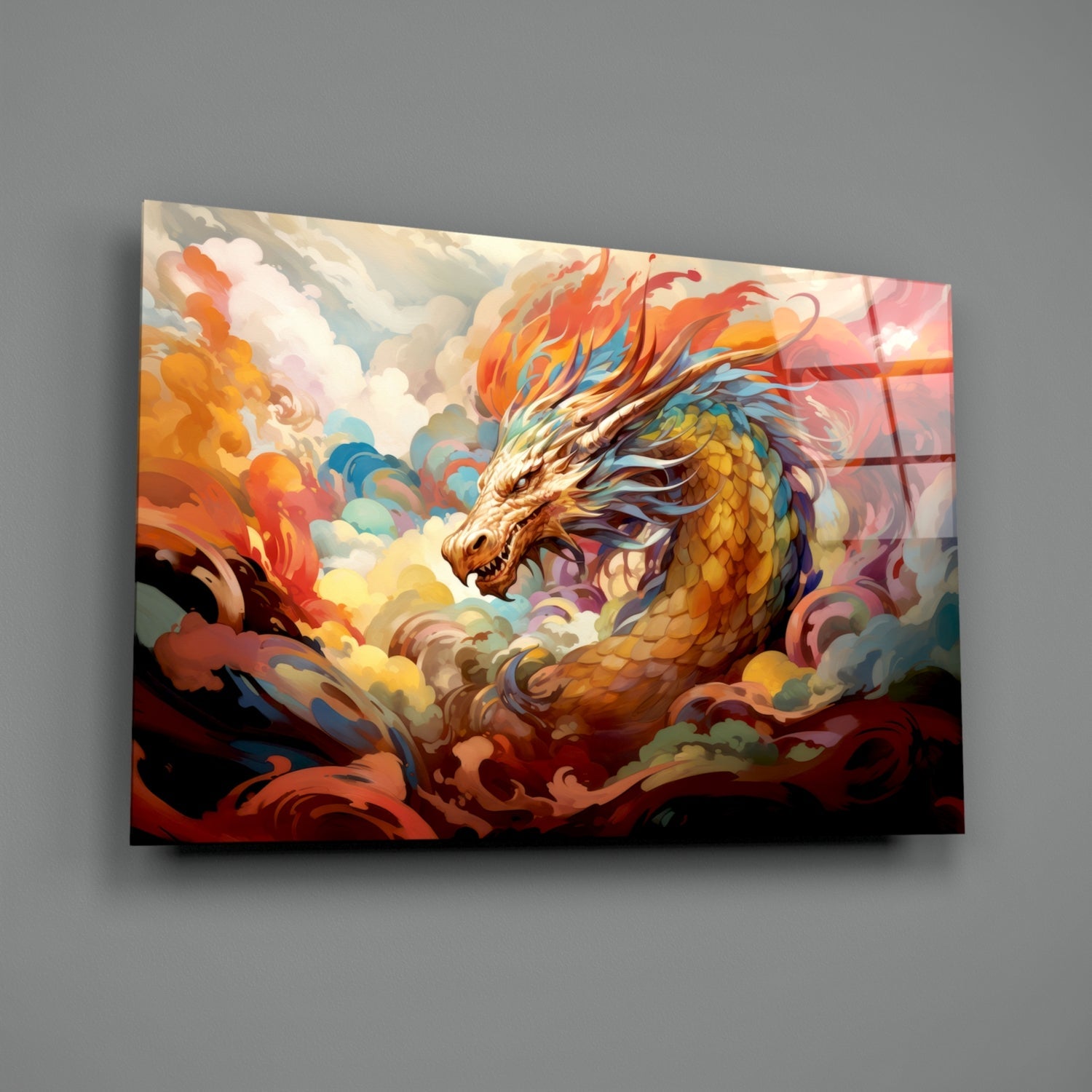 Golden Dragon In Swirling Clouds Glass Wall Art