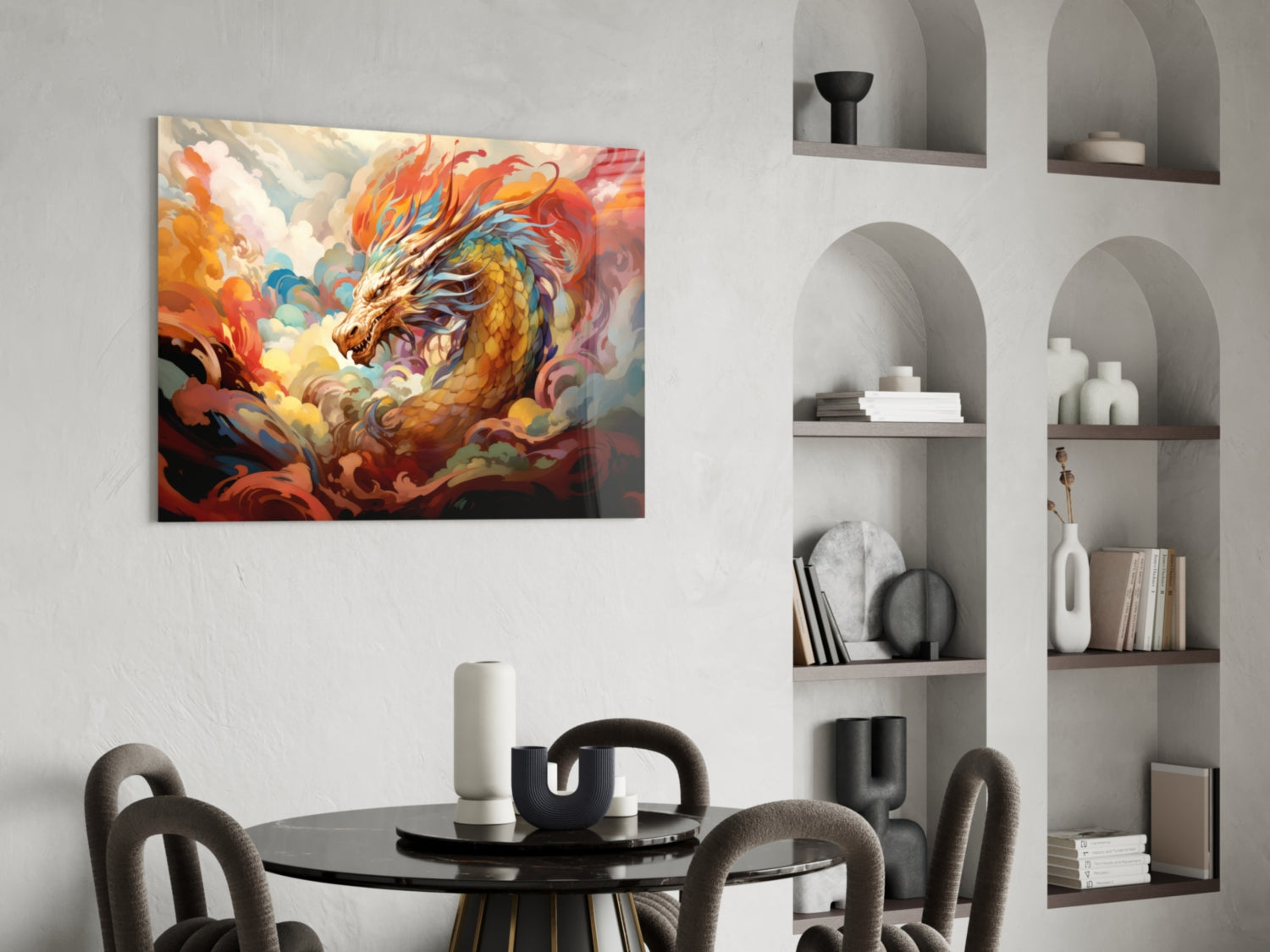 Golden Dragon In Swirling Clouds Glass Wall Art