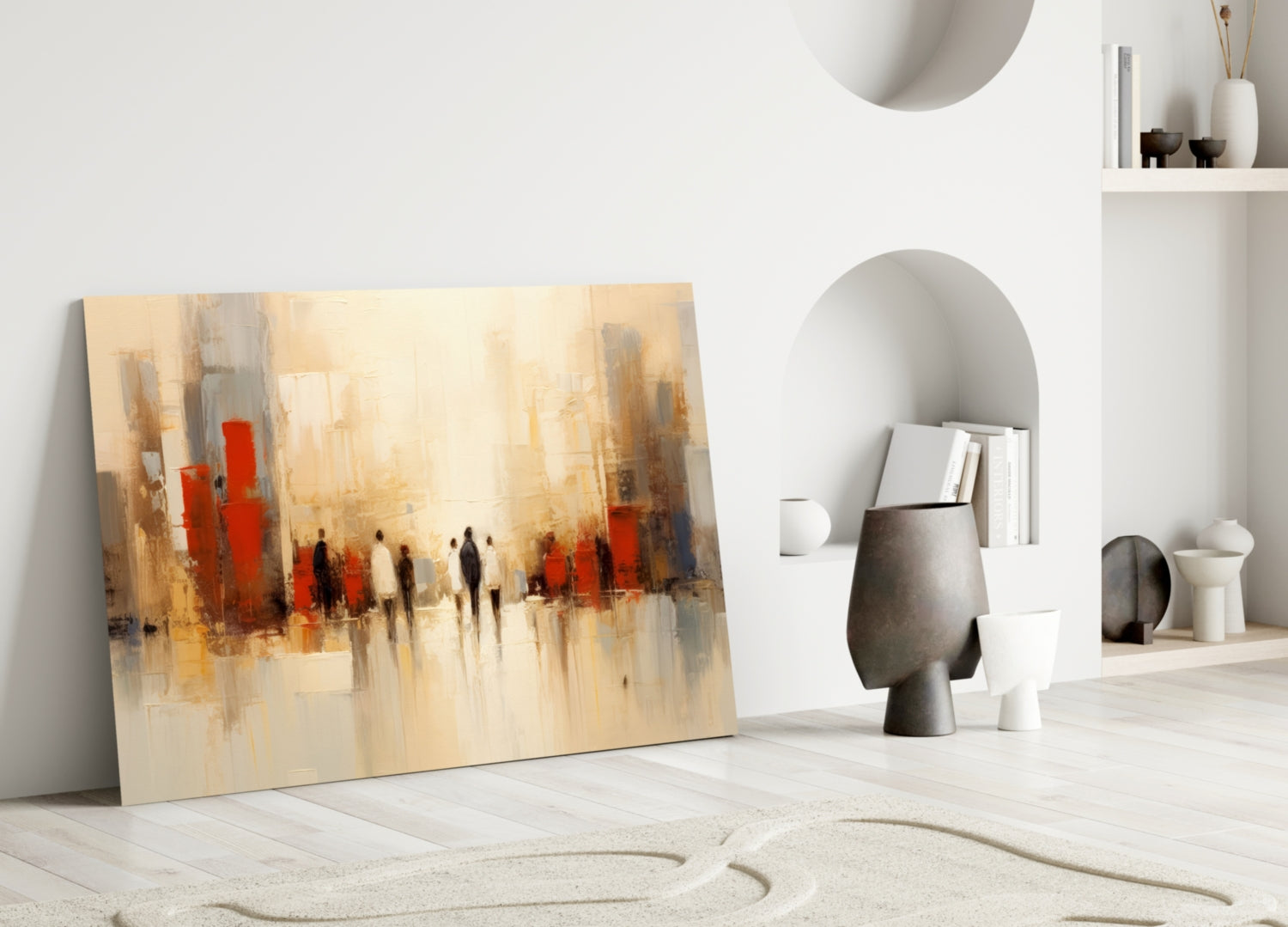 Beige Cityscape Walking Figures Glass Wall Art