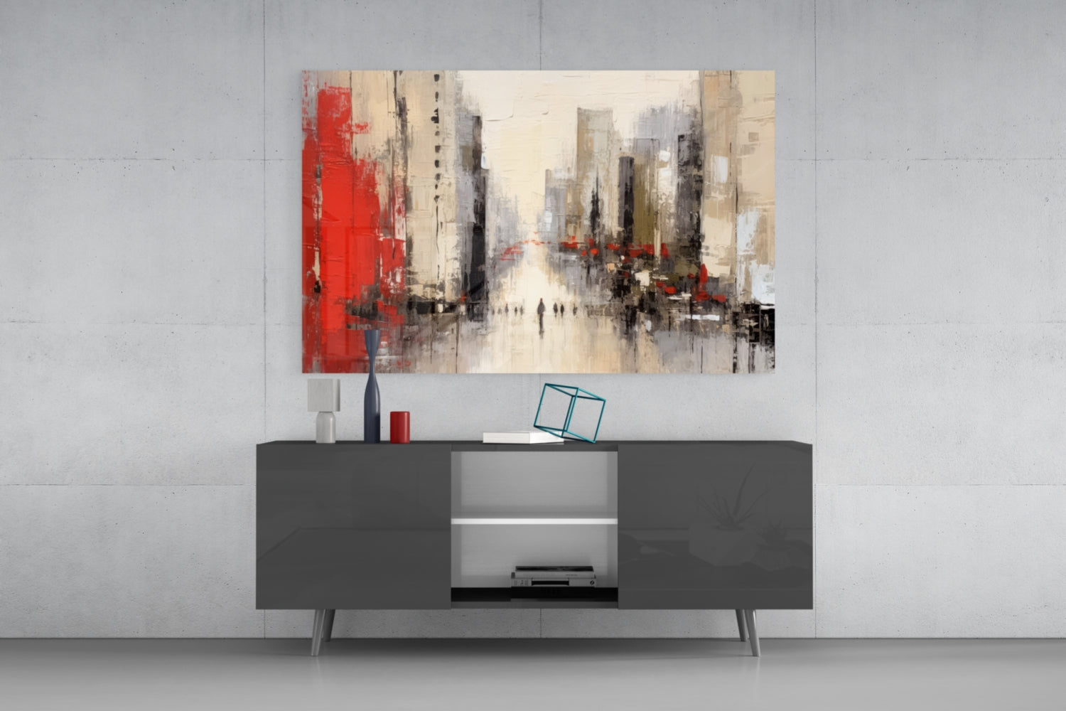 Red Accent City Street Figures Glass Wall Art