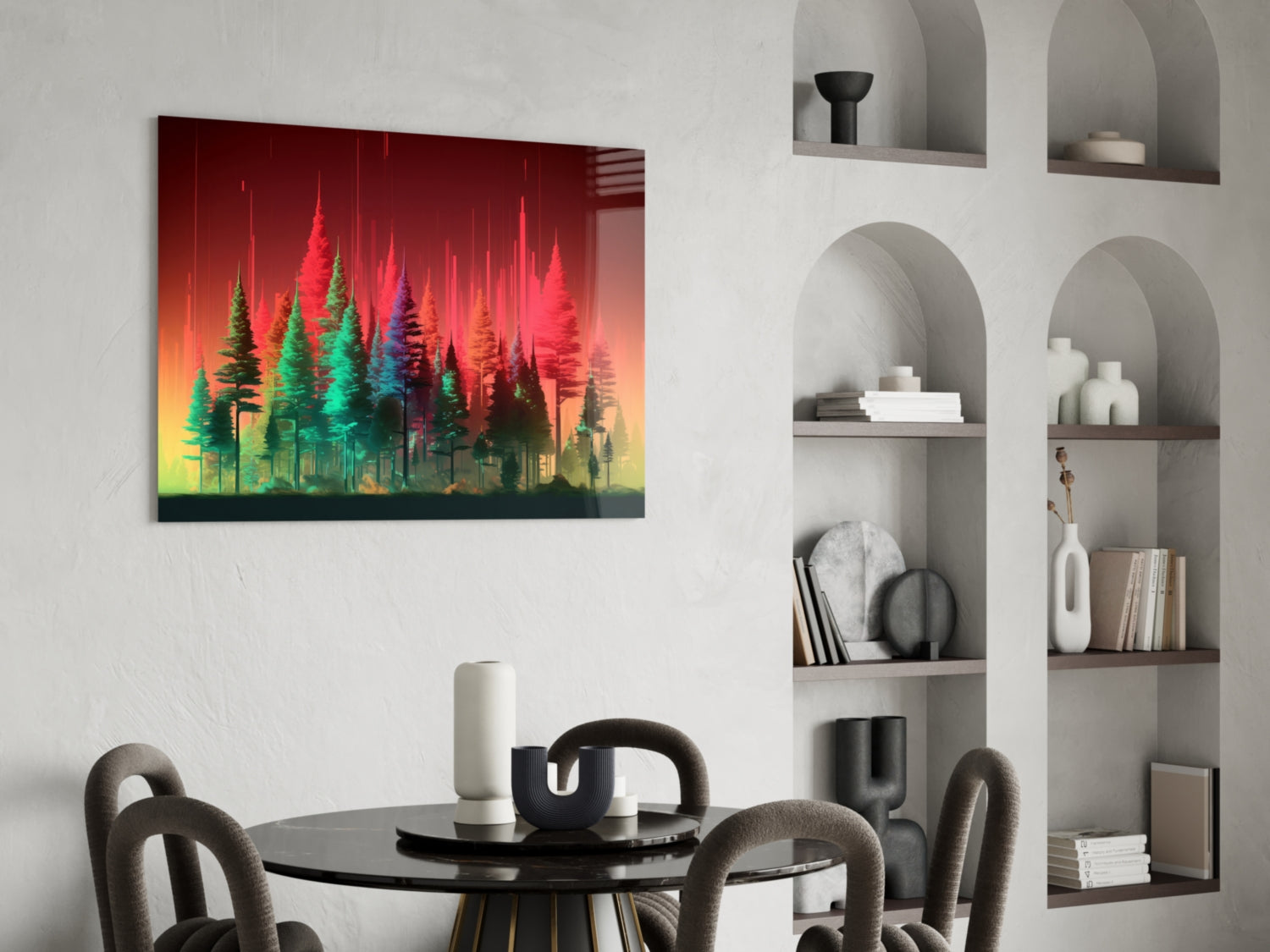 Neon Red And Green Pine Forest Glass Wall Art