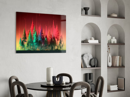 Neon Red And Green Pine Forest Glass Wall Art