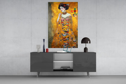 Klimt Style Golden Robe Lady Glass Wall Art