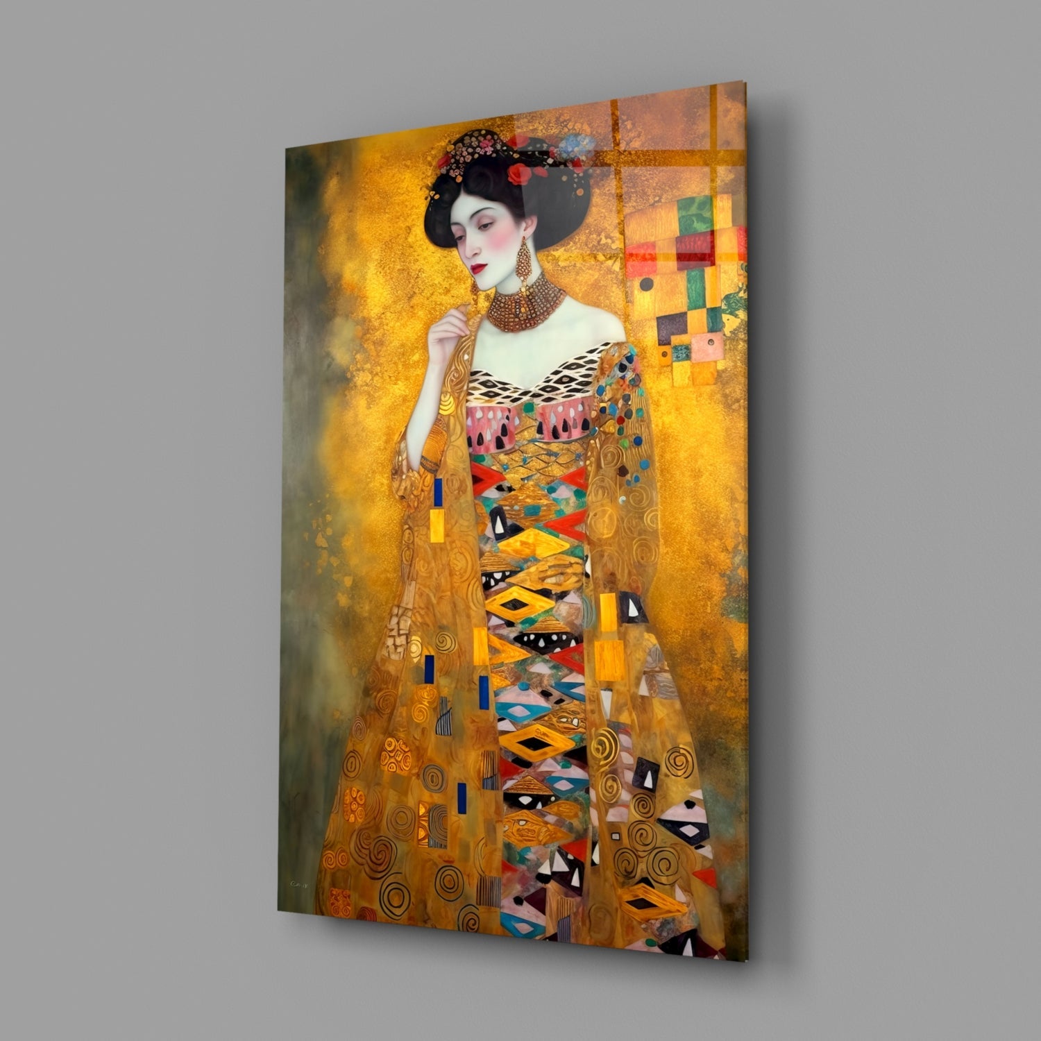 Klimt Style Golden Robe Lady Glass Wall Art