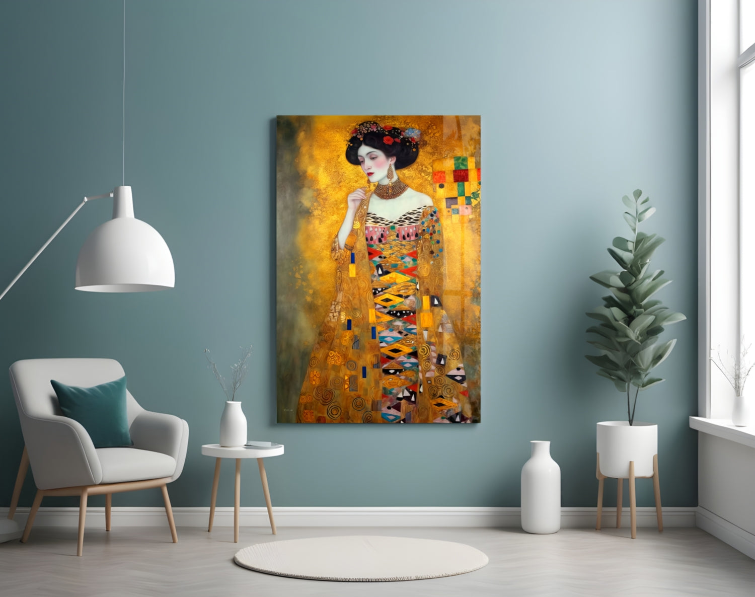 Klimt Style Golden Robe Lady Glass Wall Art