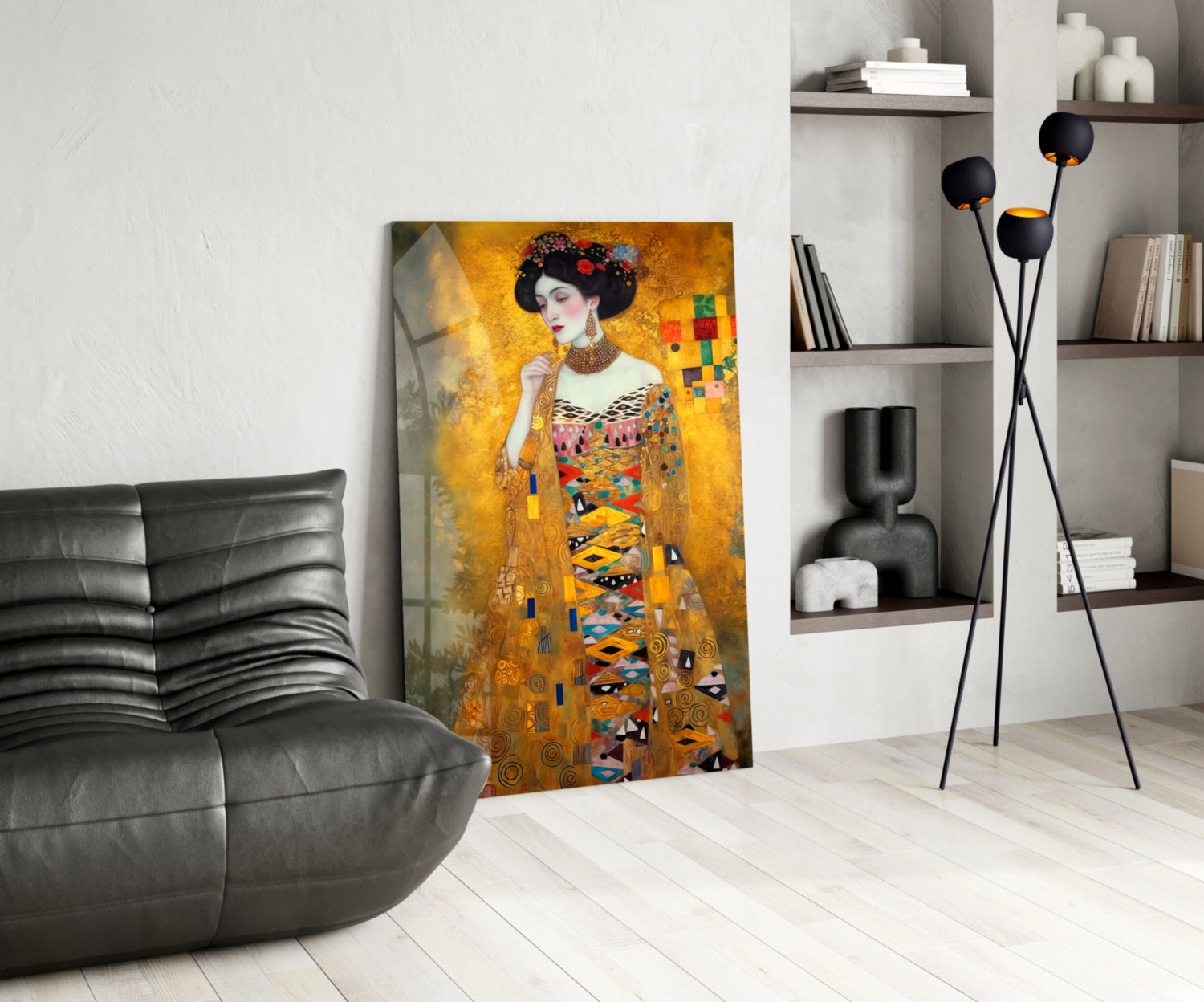 Klimt Style Golden Robe Lady Glass Wall Art