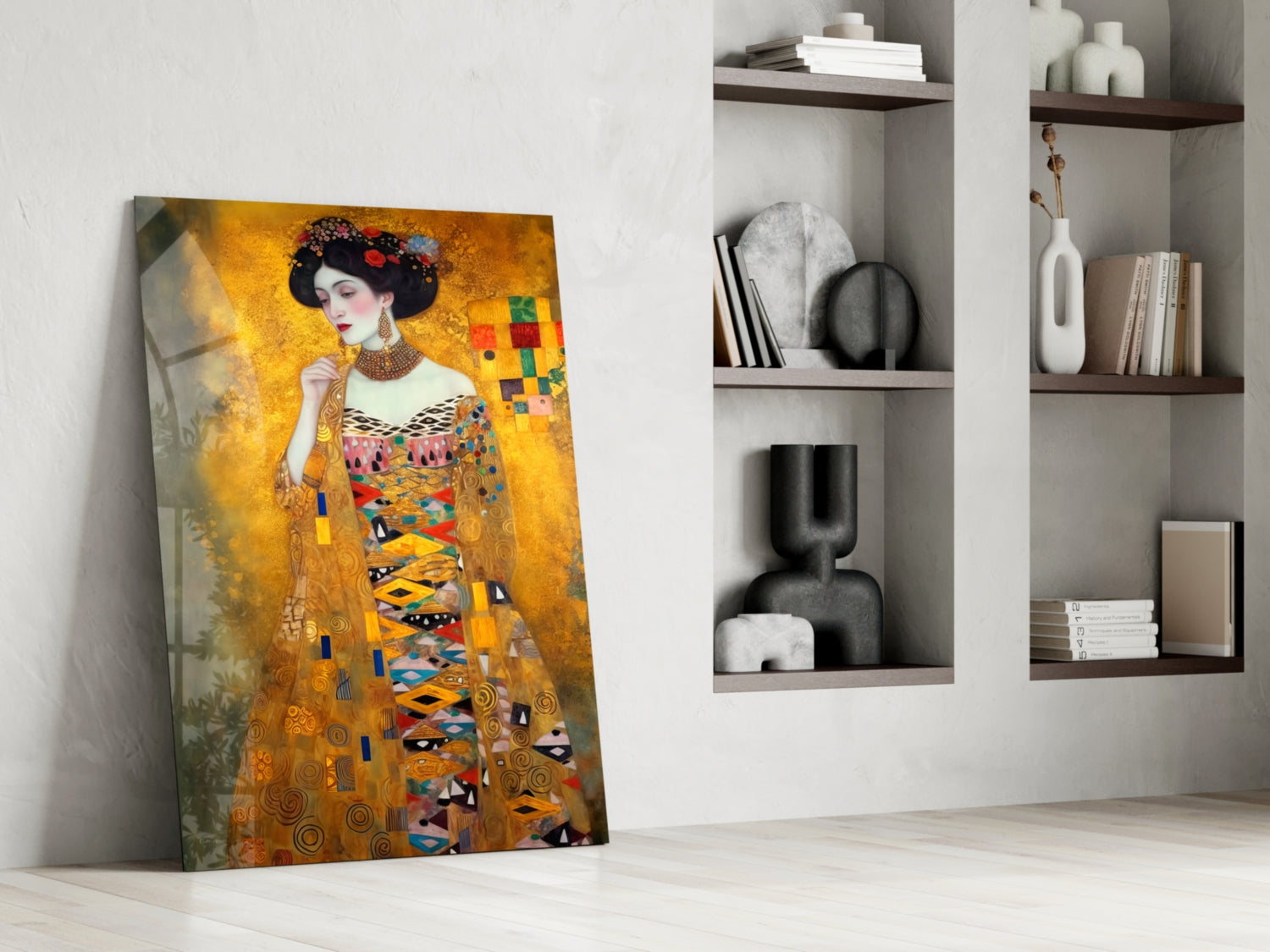 Klimt Style Golden Robe Lady Glass Wall Art