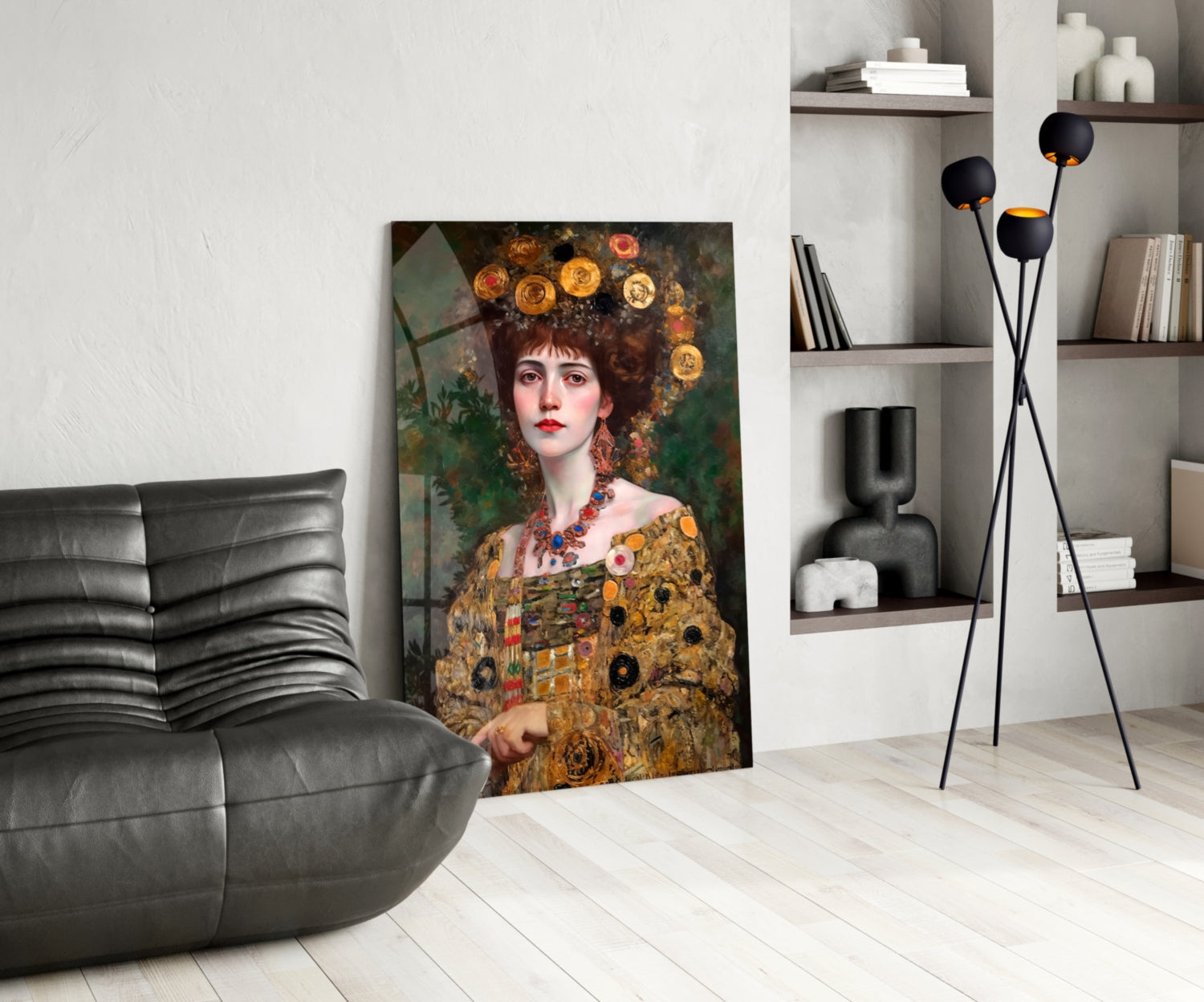Klimt Style Floral Crown Portrait Glass Wall Art