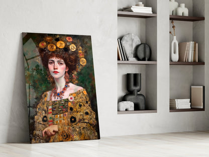 Klimt Style Floral Crown Portrait Glass Wall Art