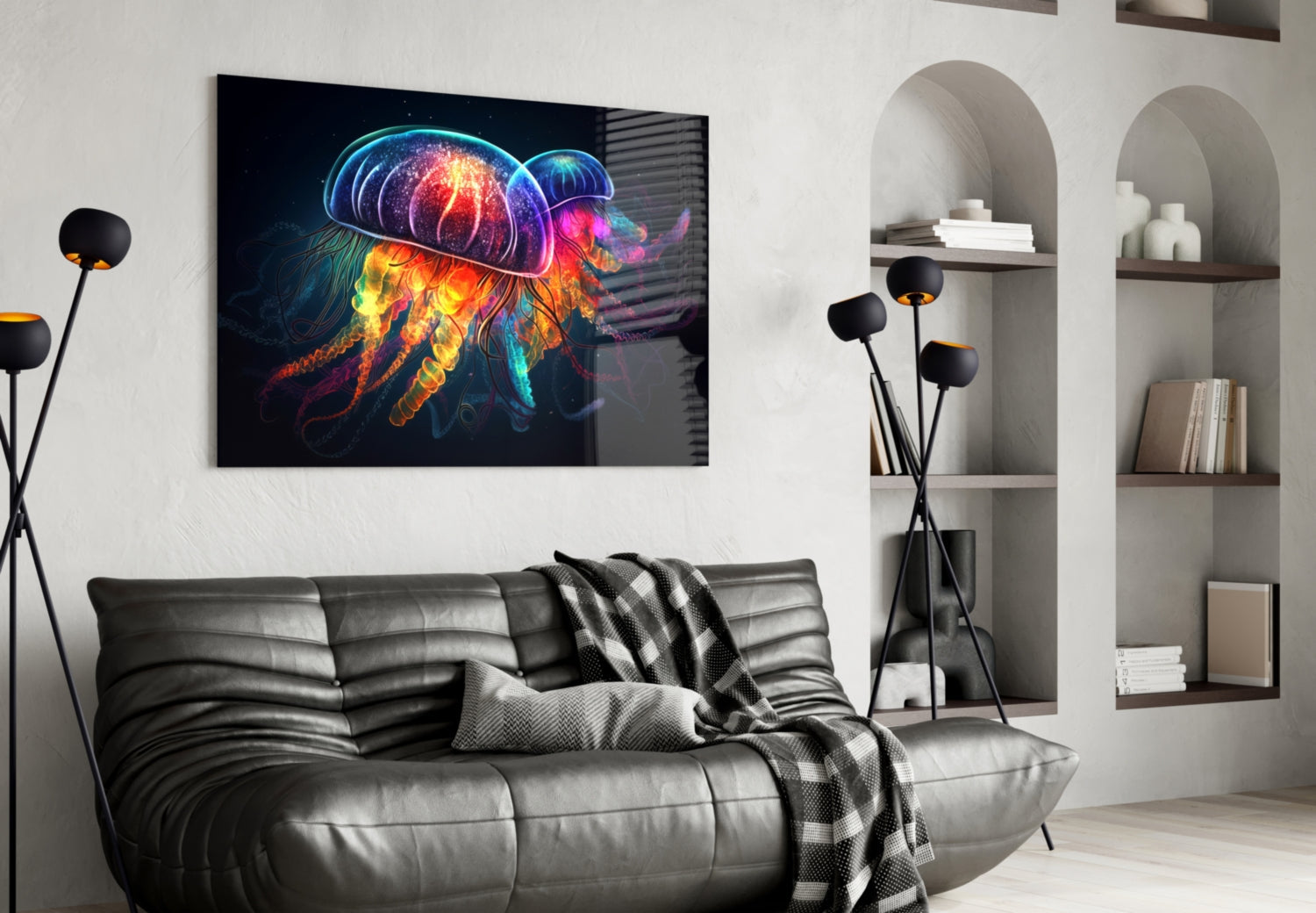 Neon Jellyfish Pair Cosmic Glow Glass Wall Art