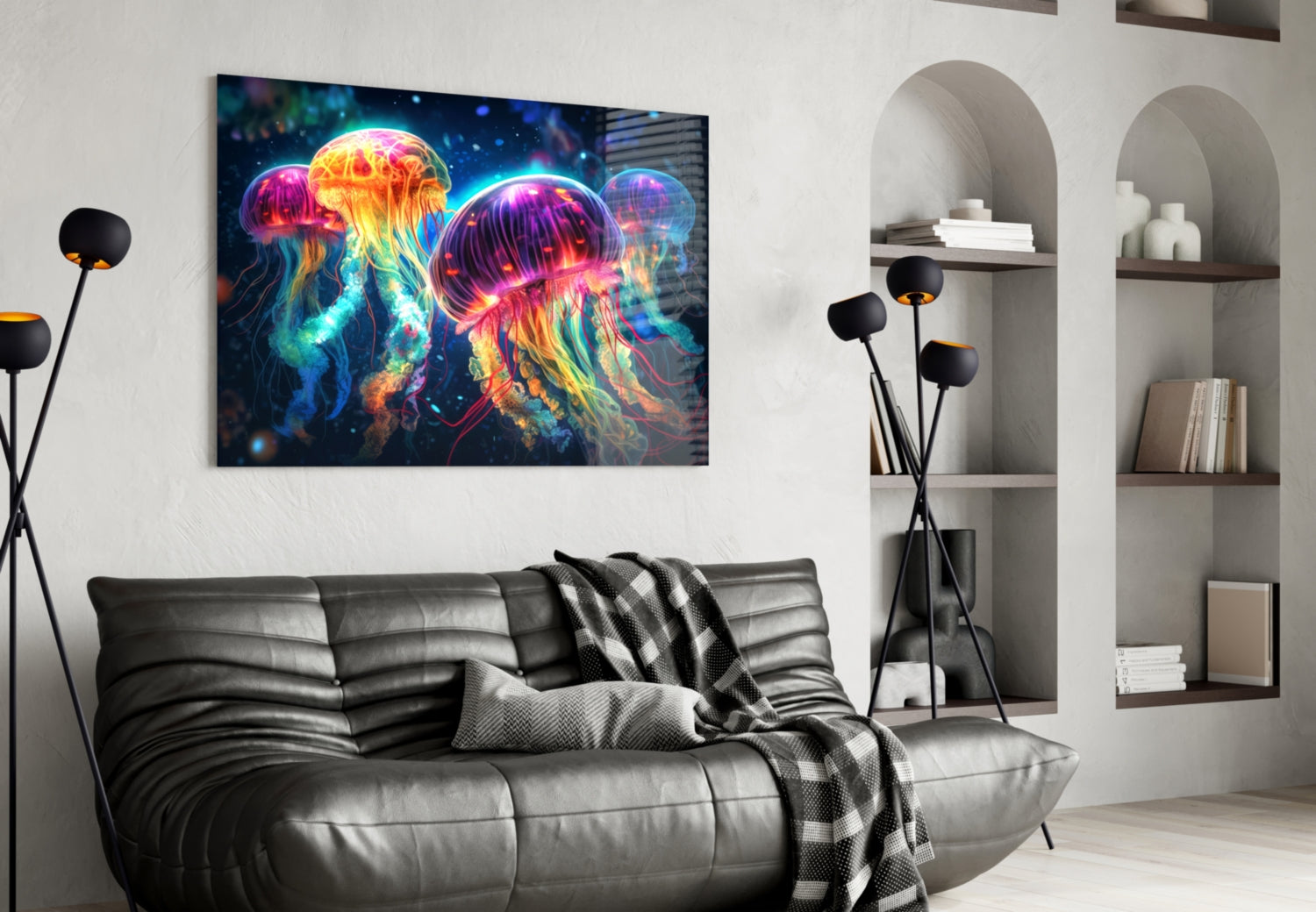 Four Neon Jellyfish Deep Sea Glow Glass Wall Art