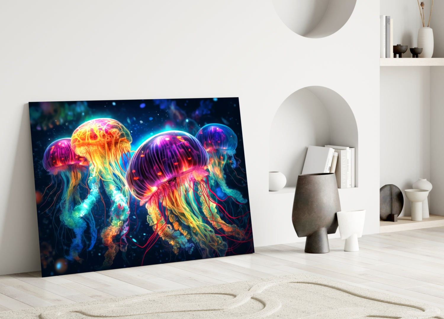 Four Neon Jellyfish Deep Sea Glow Glass Wall Art