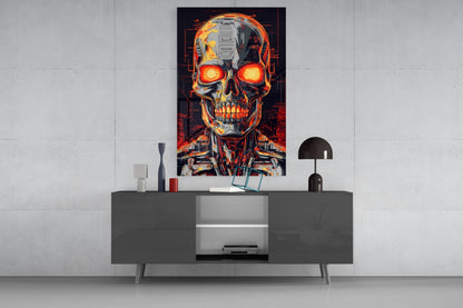 Glowing Eyes Metal Skull Glass Wall Art