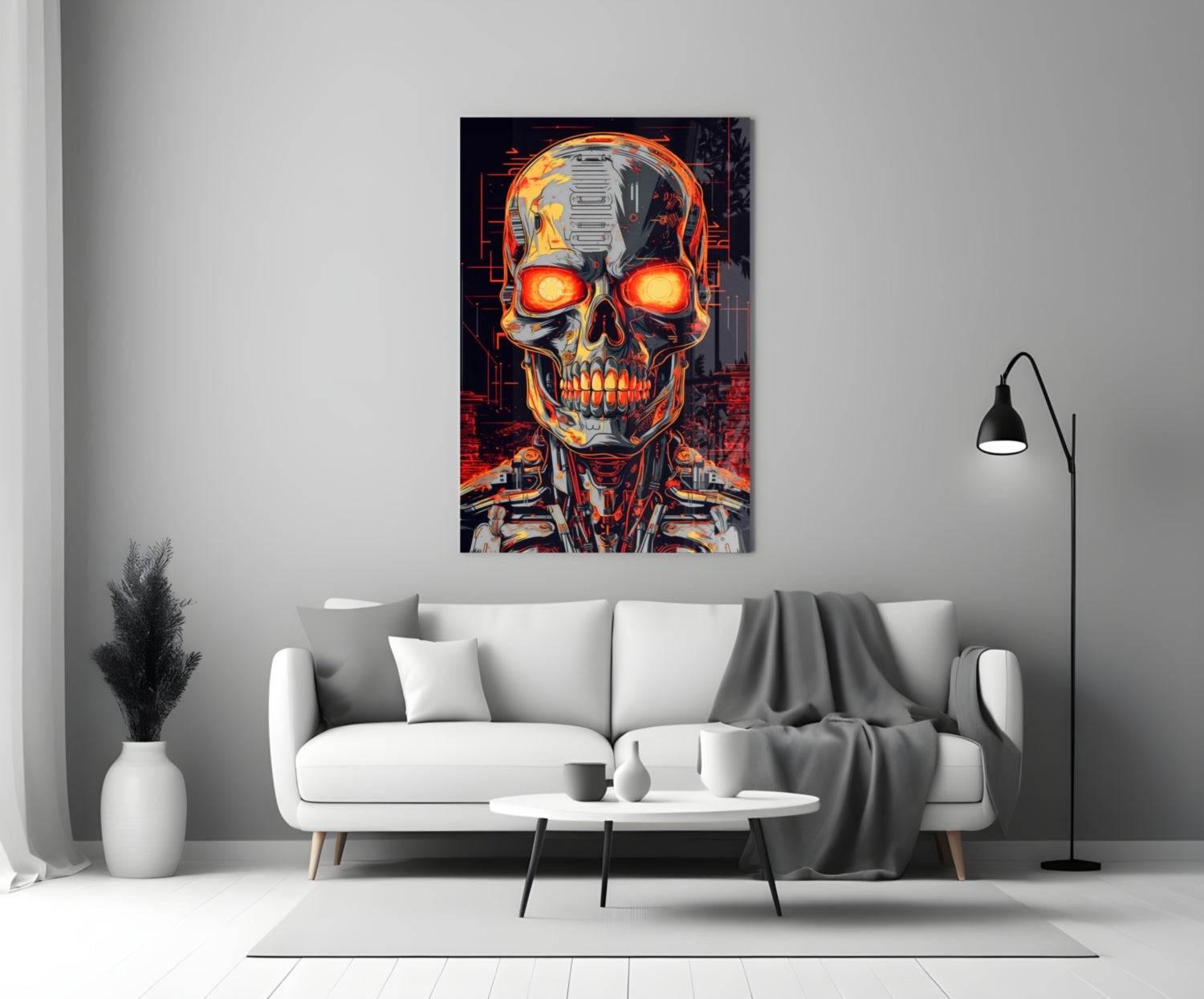Glowing Eyes Metal Skull Glass Wall Art