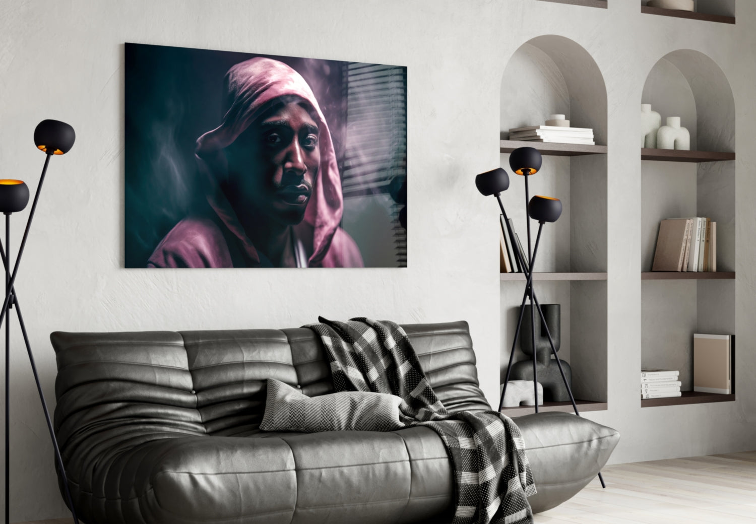 Pink Hood Teal Smoke Rapper Glass Wall Art