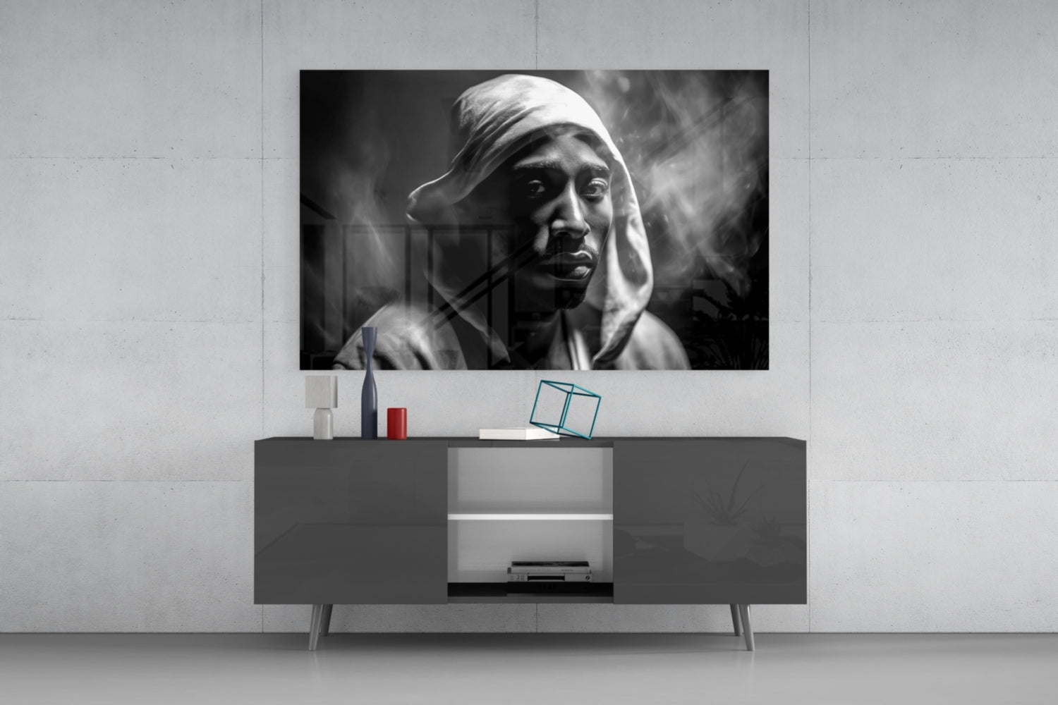 Monochrome Hooded Rapper Portrait Glass Wall Art
