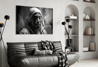 Monochrome Hooded Rapper Portrait Glass Wall Art