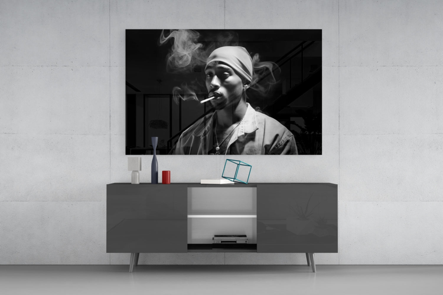 Gray Bandana Cigarette Smoke Rapper Glass Wall Art