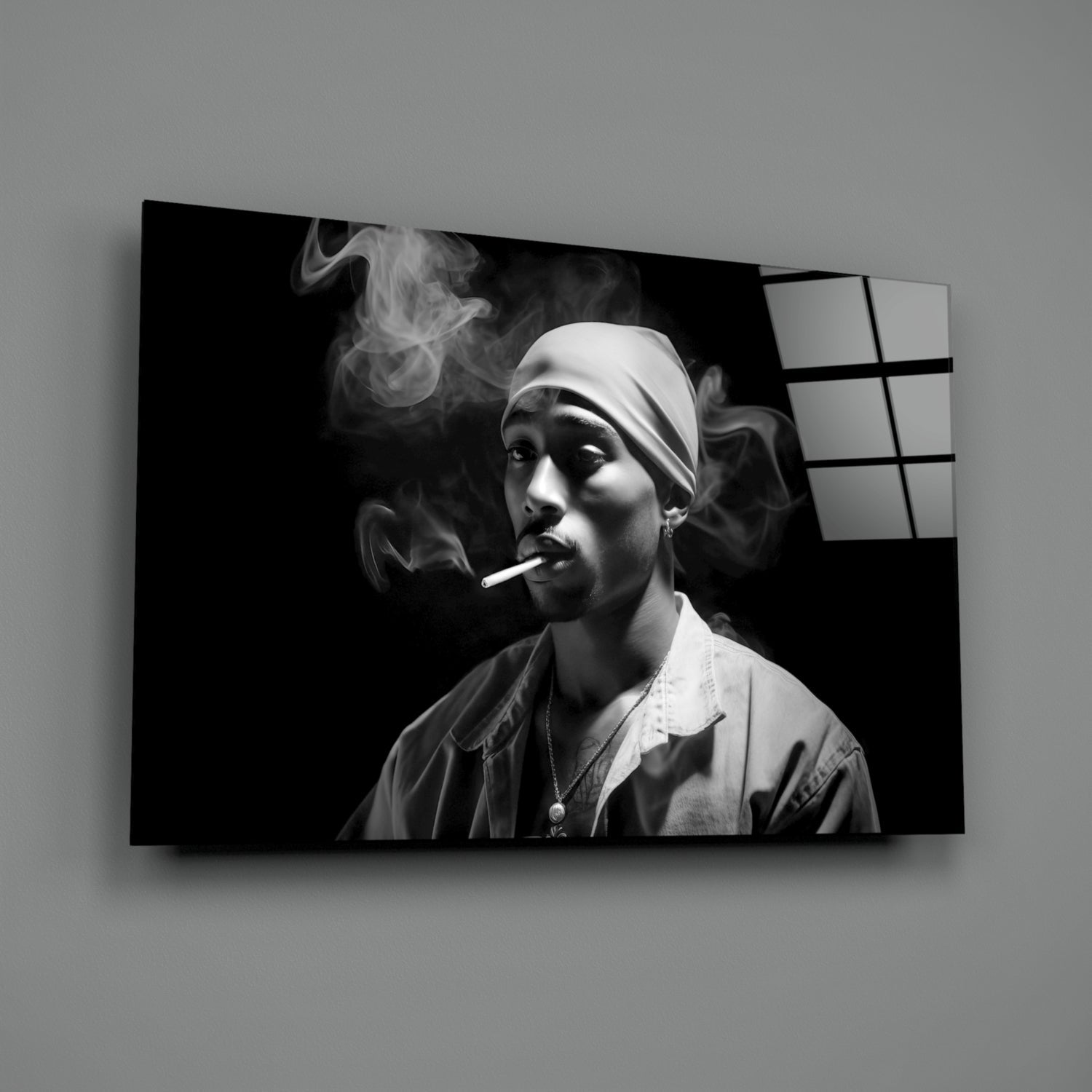 Gray Bandana Cigarette Smoke Rapper Glass Wall Art