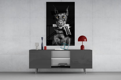 Doberman Holding Silver Pistol Glass Wall Art