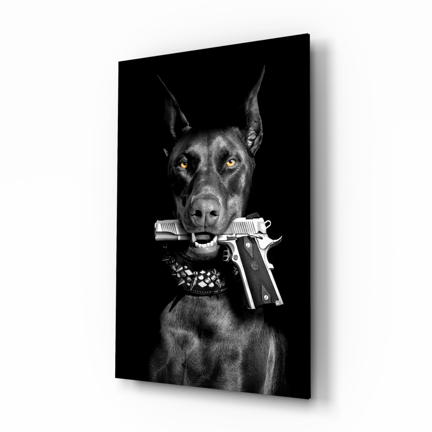Doberman Holding Silver Pistol Glass Wall Art