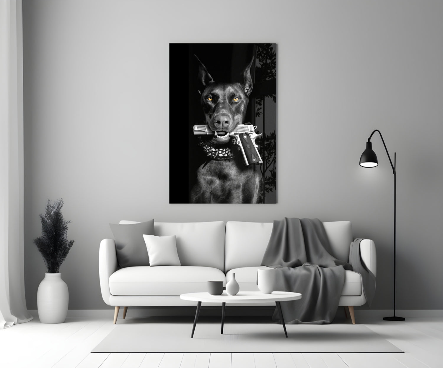Doberman Holding Silver Pistol Glass Wall Art