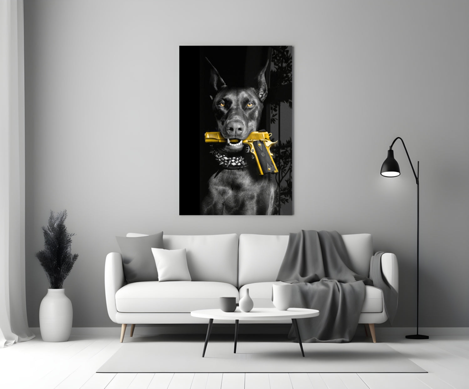 Doberman Holding Gold Pistol Glass Wall Art