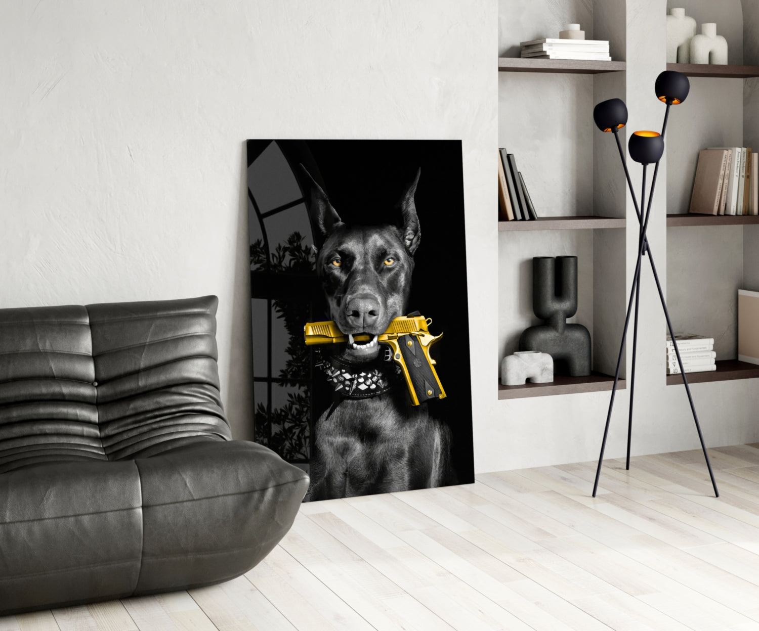 Doberman Holding Gold Pistol Glass Wall Art