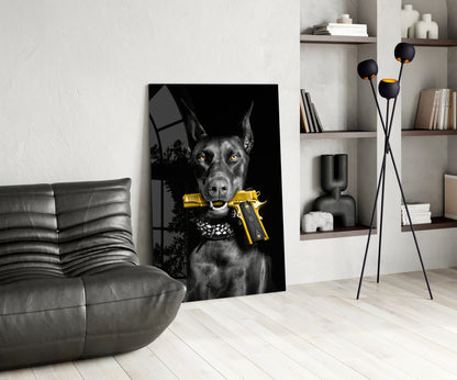 Doberman Holding Gold Pistol Glass Wall Art
