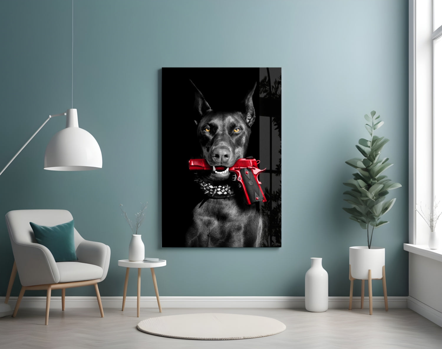 Doberman Holding Red Pistol Glass Wall Art