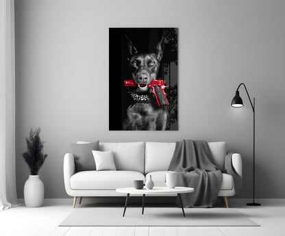 Doberman Holding Red Pistol Glass Wall Art