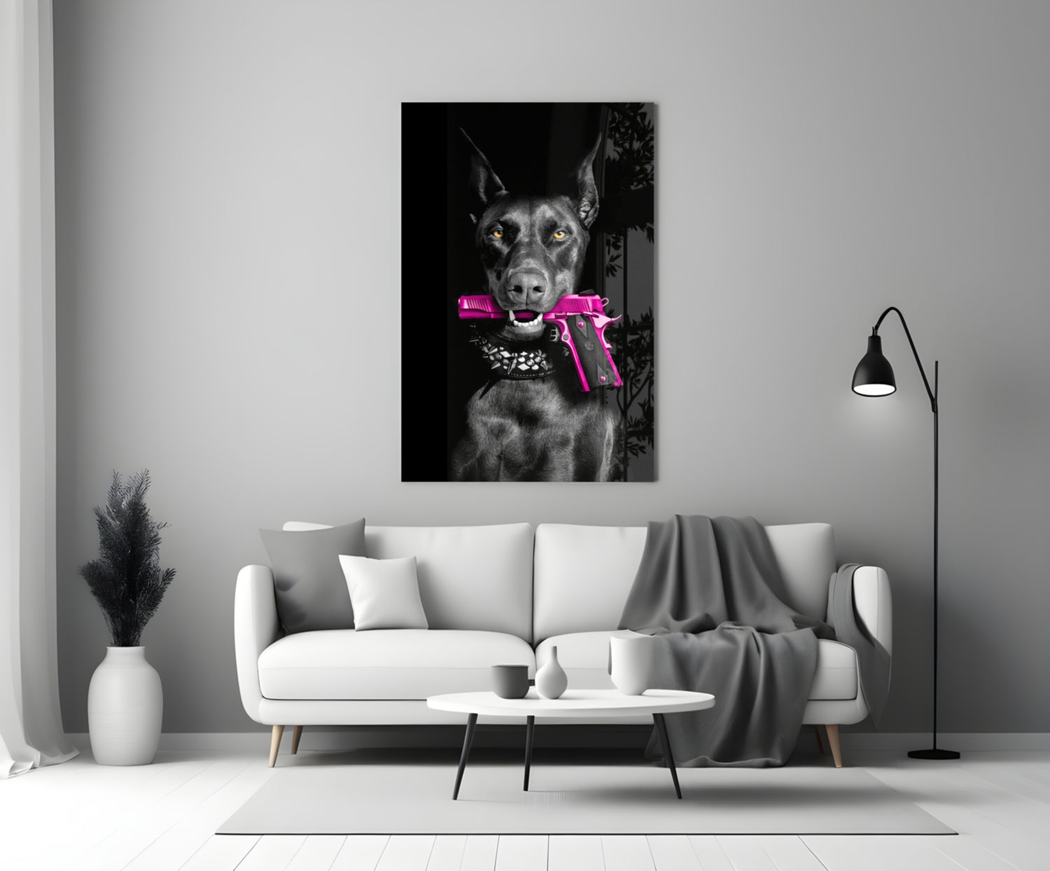 Doberman Holding Pink Pistol Glass Wall Art
